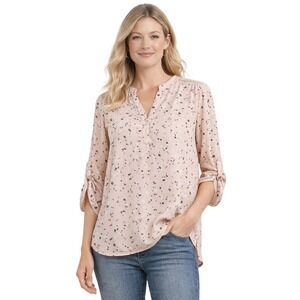 Cure Floral Blouse Womens Small Peach V-Neck Roll Tab Sleeve Crochet Detail